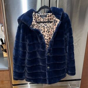 Laundry By Shelli Segal Blue Hooded Faux Fur Coat